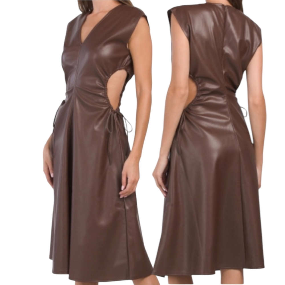 NWT 7 For All Mankind Faux Leather Cut-Out Midi Dress Brown Size L